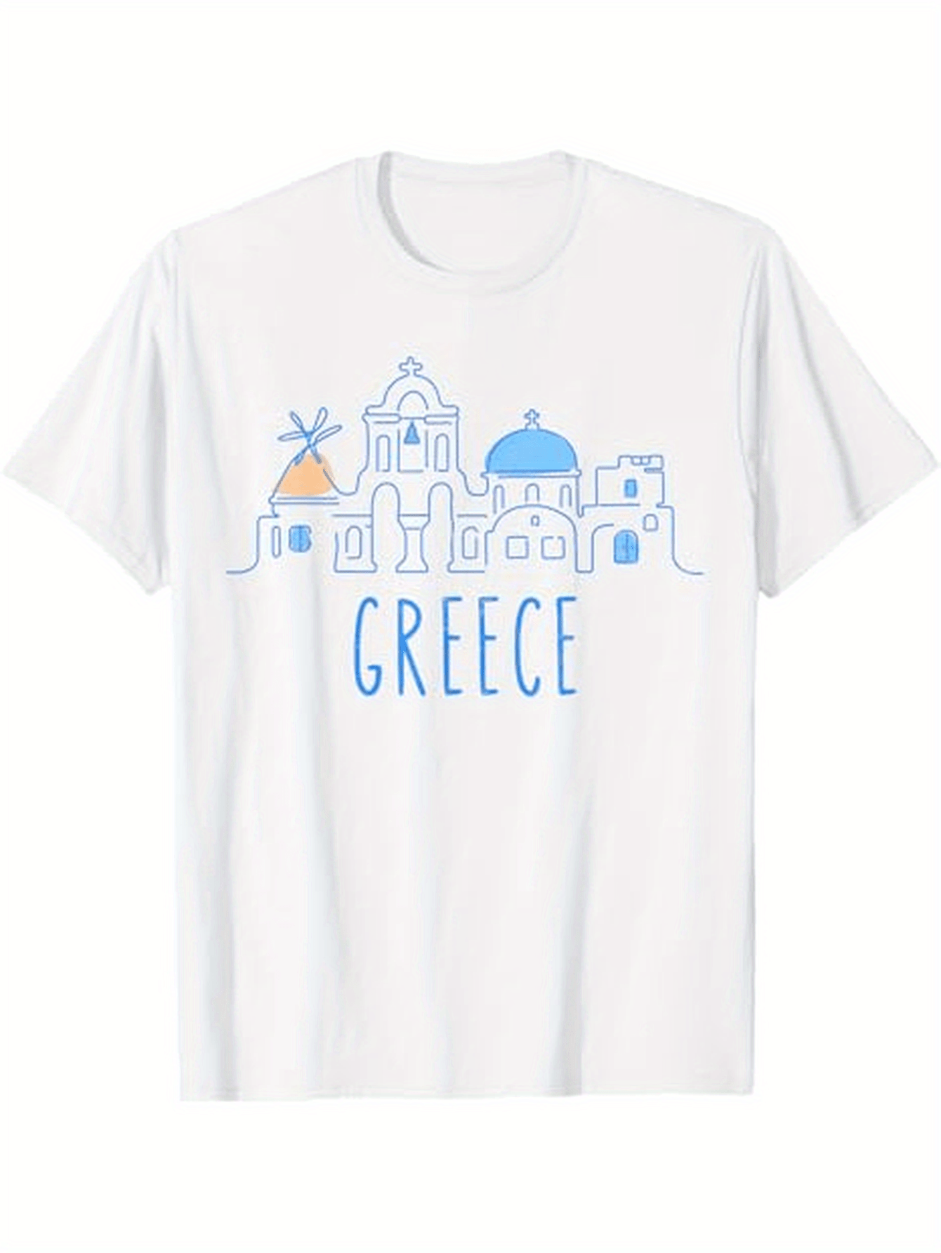 Men's Graphic T-Shirt Greece Iconic Blue Domes With Windmill And Coastal Cityscape Building