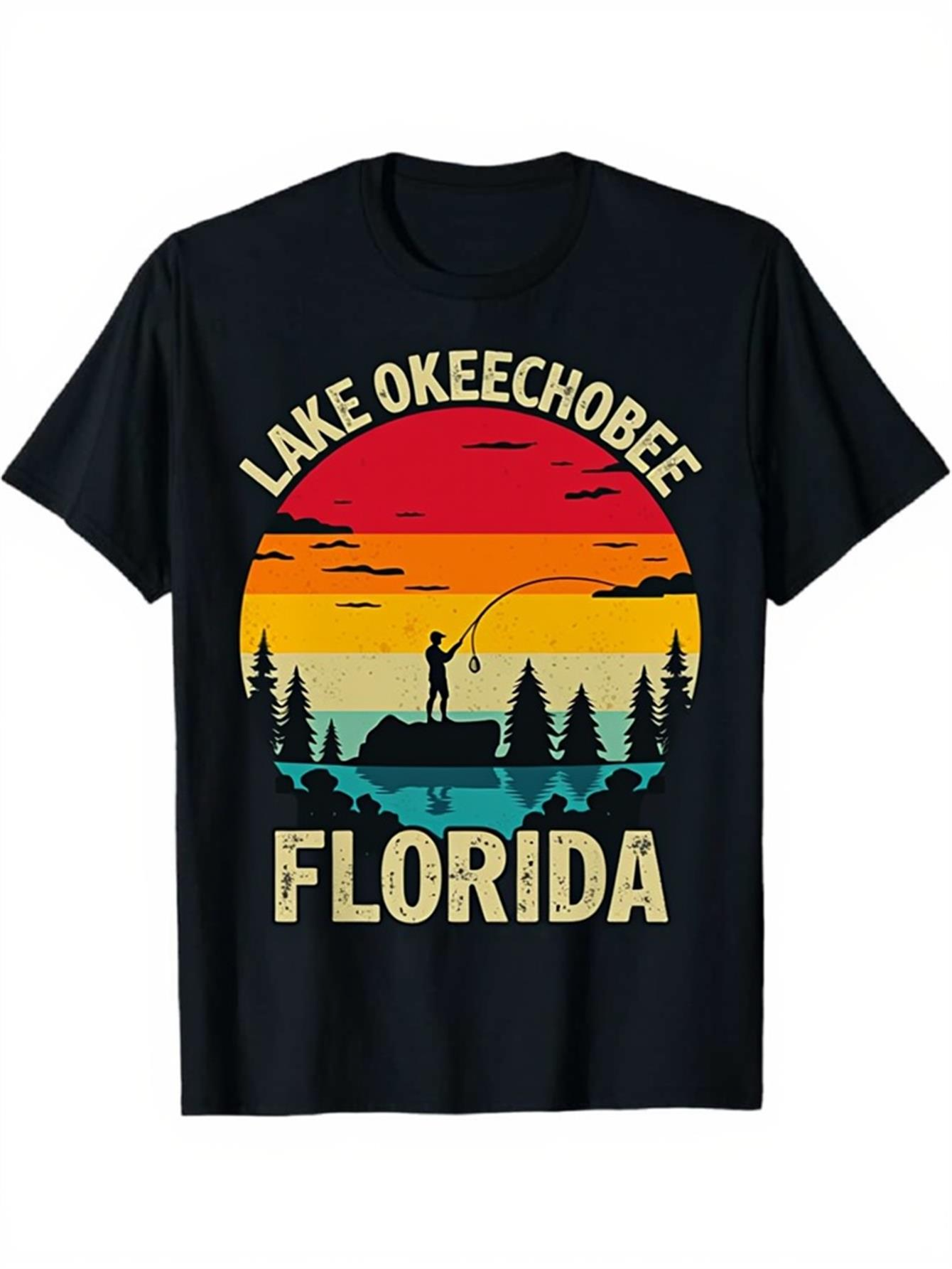 Men's Graphic T-Shirt Lake Okeechobee Florida Vibrant Sunset Sky With Silhouette Of Pine Trees And Fisherman Scene