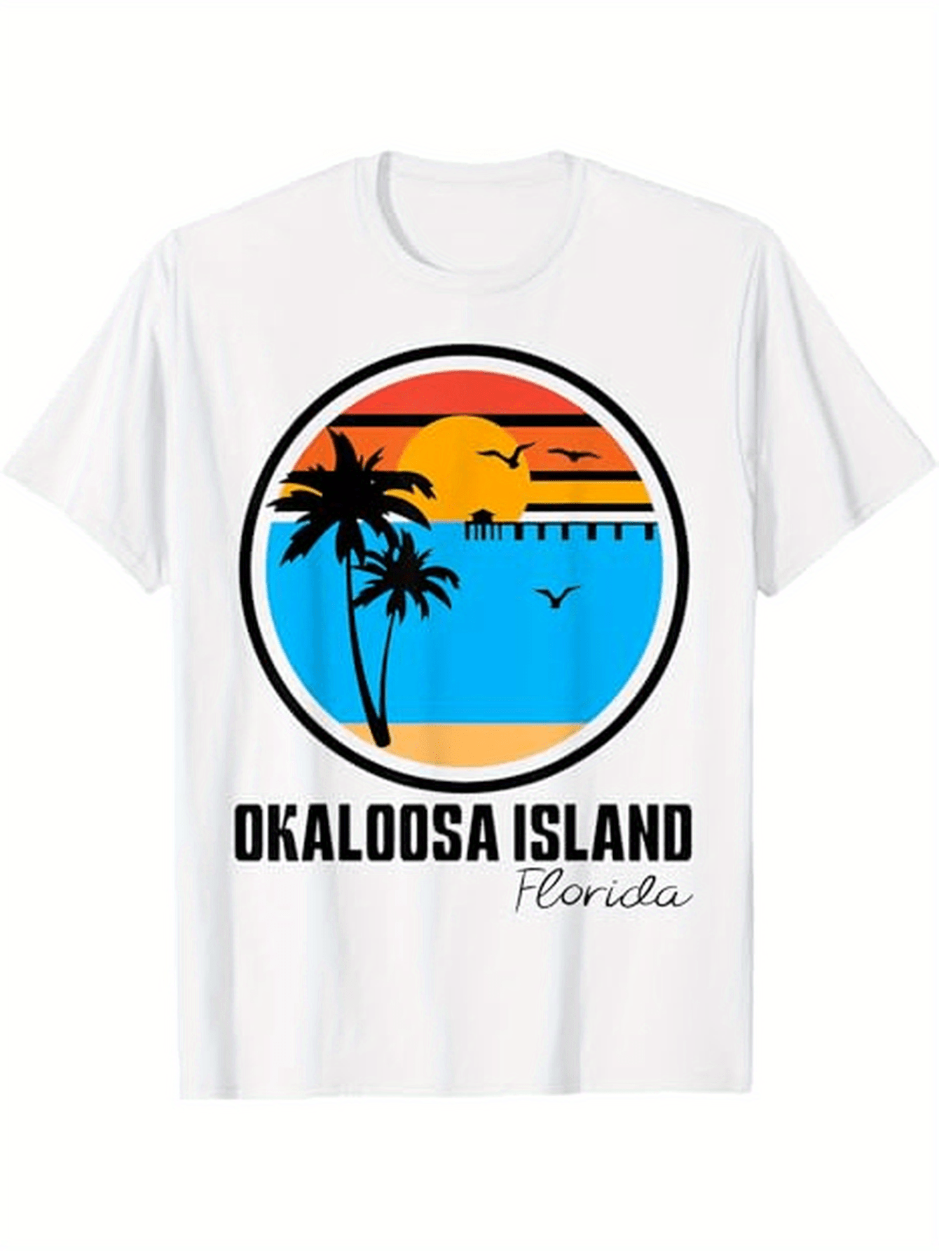 Men's Graphic T-Shirt Okaloosa Island Sunset Pier With Palm Trees And Flying Birds