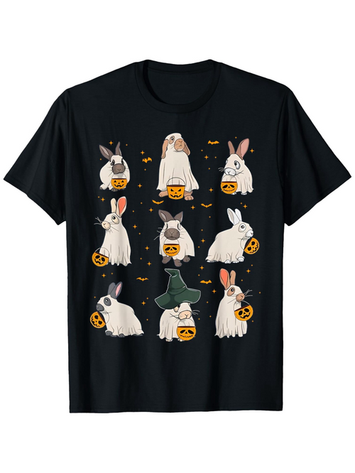 Men's Graphic T-Shirt Cute Rabbits Wearing Spooky Costumes Holding Halloween Pumpkins