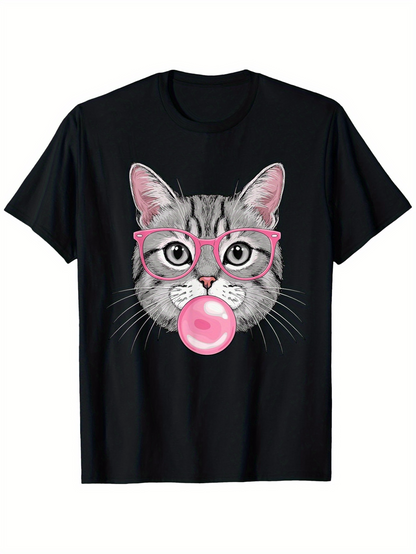 Men's Graphic T-Shirt Adorable Gray Cat Face With Pink Glasses Blowing Bubblegum