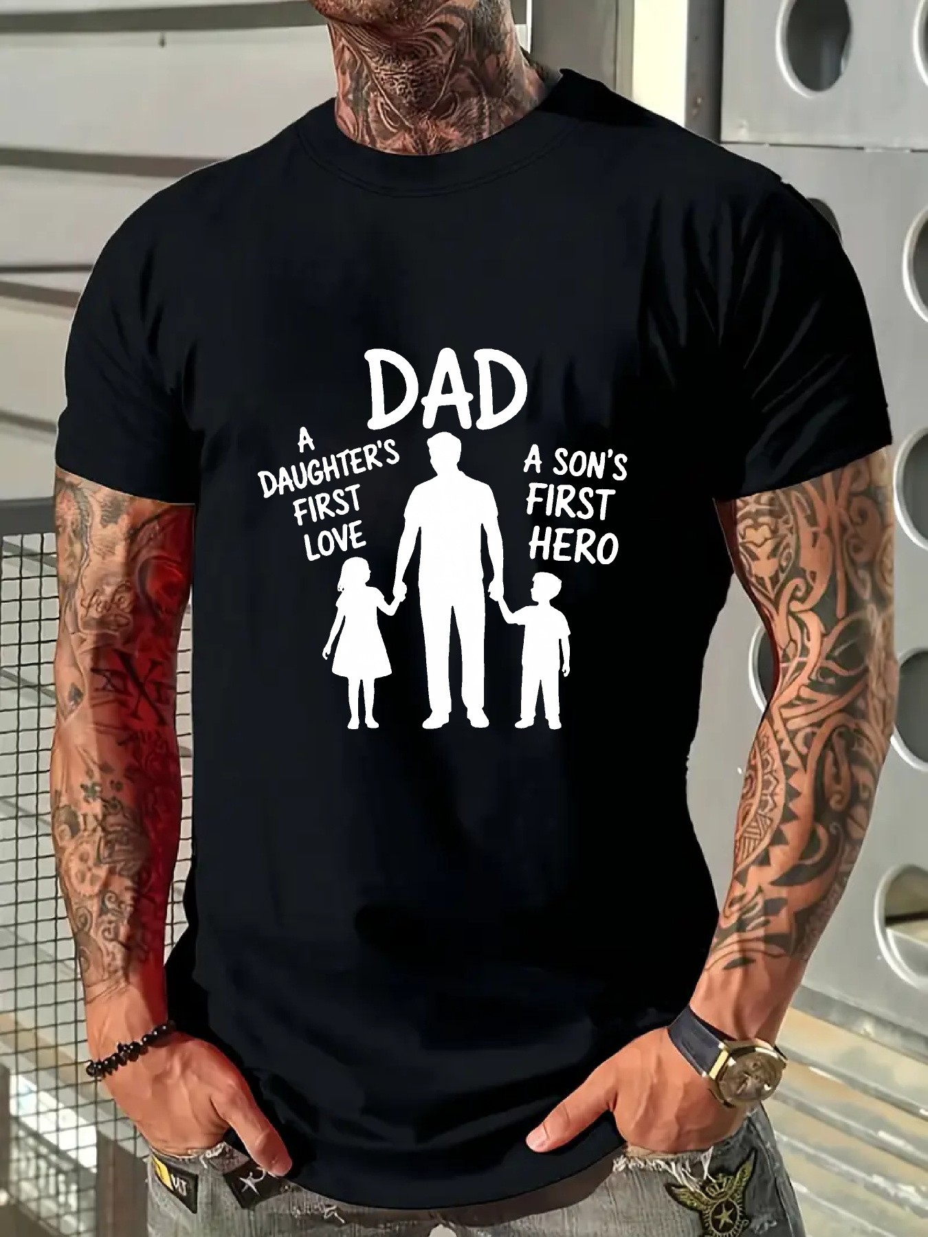 Men's Graphic T-Shirt Dad Standing Proudly With Kids Holding Hands Silhouette