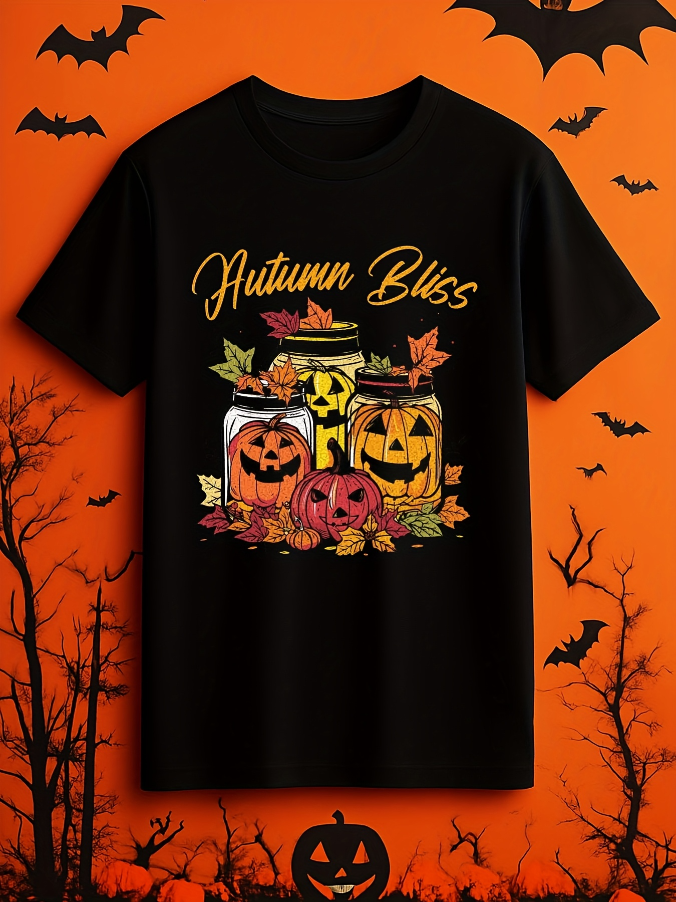 Men's Graphic T-Shirt Autumn Bliss Glowing Lanterns Surrounded By Autumn Leaves And Pumpkins Jack OLantern