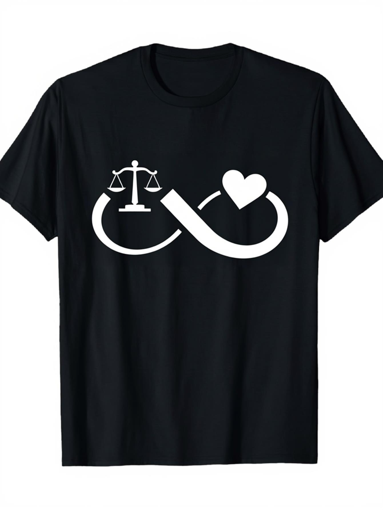 Men's Graphic T-Shirt Infinity Line With Heart And Justice Scale On Black Shirt