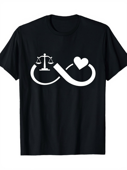 Men's Graphic T-Shirt Infinity Line With Heart And Justice Scale On Black Shirt
