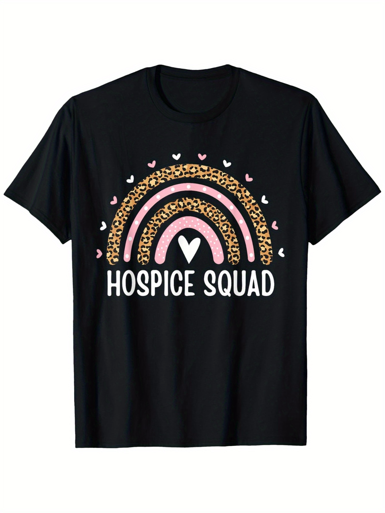 Men's Graphic T-Shirt Hospice Squad Pink Leopard Rainbow With Hearts And White Lettering Rainbow