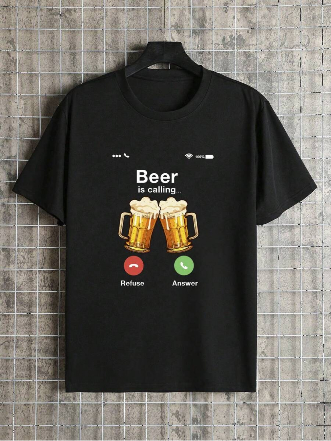 Men's Graphic T-Shirt Beer Is Calling With Foamy Golden Mugs And Phone Call Icons Beer