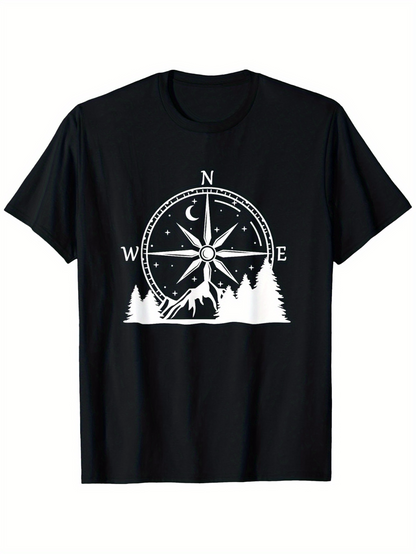 Men's Graphic T-Shirt Night Sky With Trees Mountain Wolf And Compass