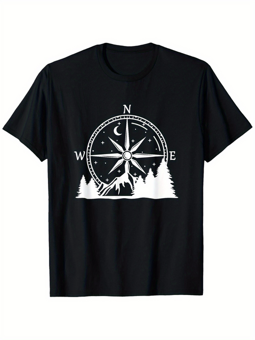 Men's Graphic T-Shirt Night Sky With Trees Mountain Wolf And Compass