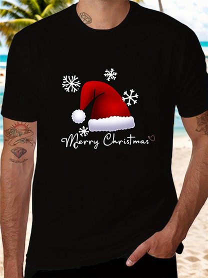 Men's Graphic T-Shirt Merry Christmas Snowflakes With Santa Red Hat And White Fur Trim