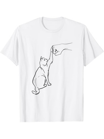 Men's Graphic T-Shirt Minimalist Line Drawing With Human Hand Reaching To High Five Curious Cat