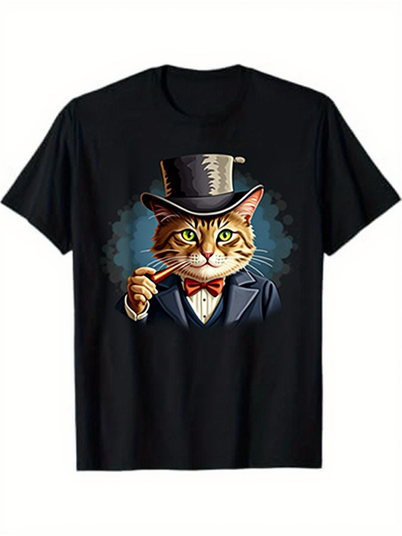 Men's Graphic T-Shirt Elegant Feline With Top Hat Bowtie And Smoking Pipe Cat