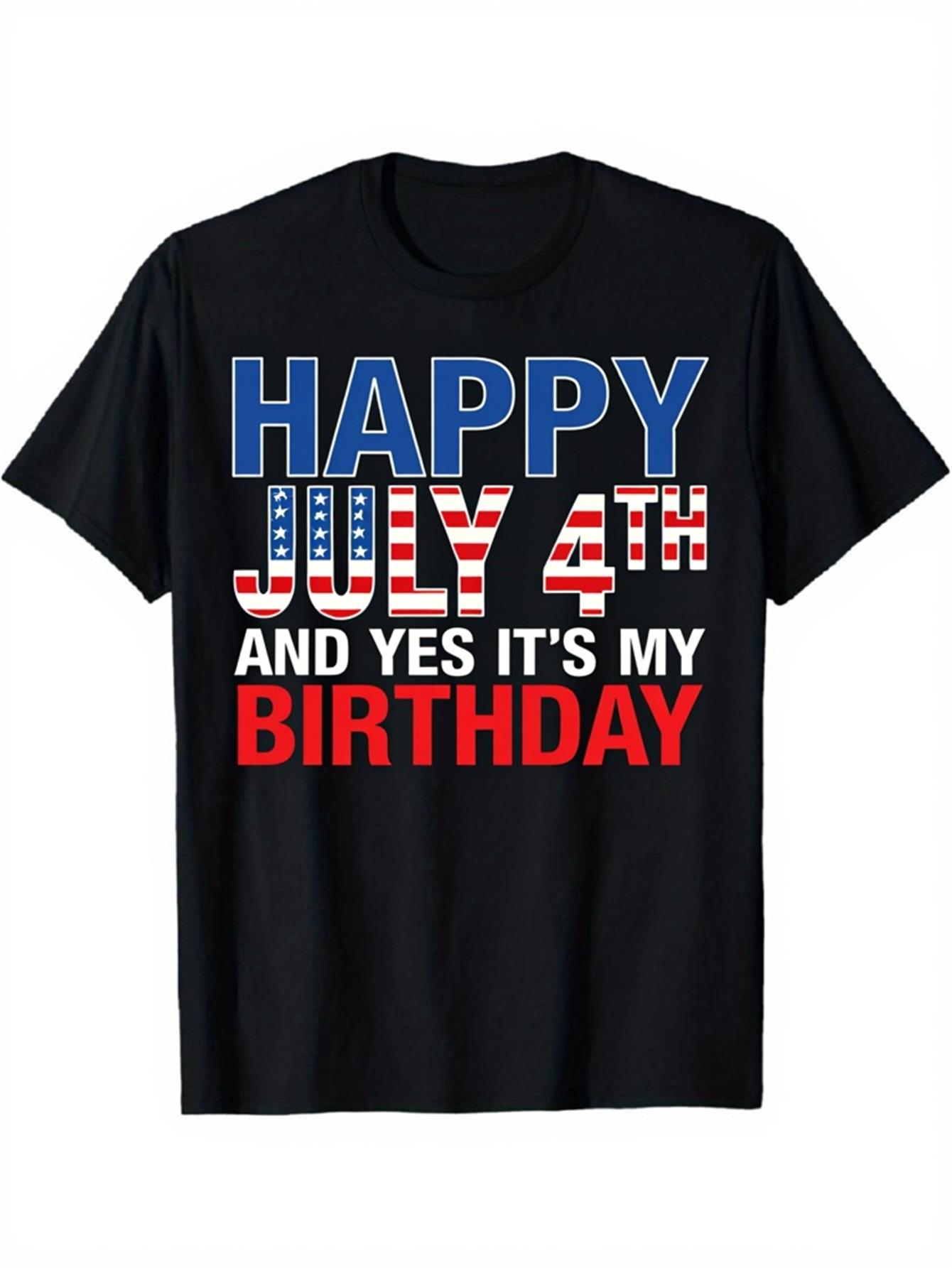Men's Graphic T-Shirt Happy July Fourth With Patriotic Striped Lettering Celebrating Birthday On Black Shirt
