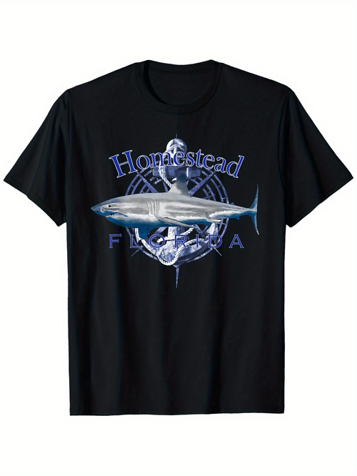 Men's Graphic T-Shirt Homestead Florida Striking Blue Shark Swimming Over Sea Waves