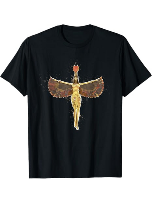 Men's Graphic T-Shirt Golden Goddess With Outstretched Wings Wearing Fiery Headdress Among Ancient Symbols