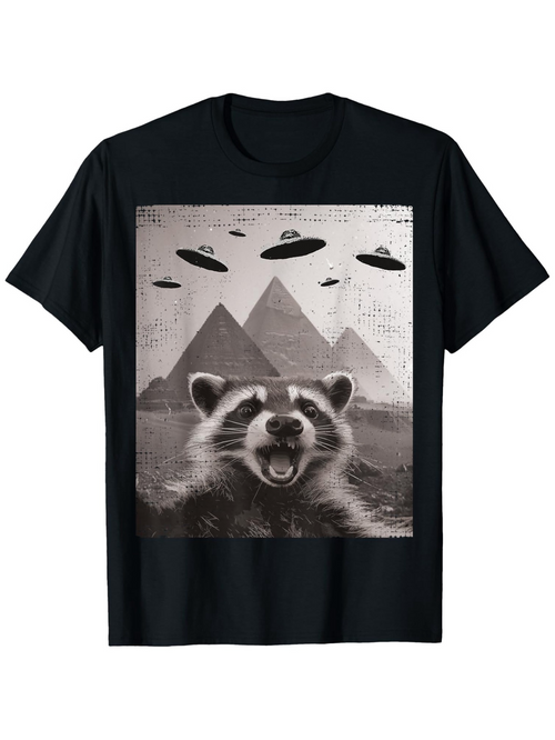 Men's Graphic T-Shirt Majestic Pyramids With Flying Saucers Over Smiling Raccoon