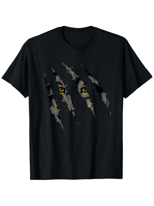 Men's Graphic T-Shirt Golden Eyes Peering Through Torn Fabric With Wild Forest Wolf