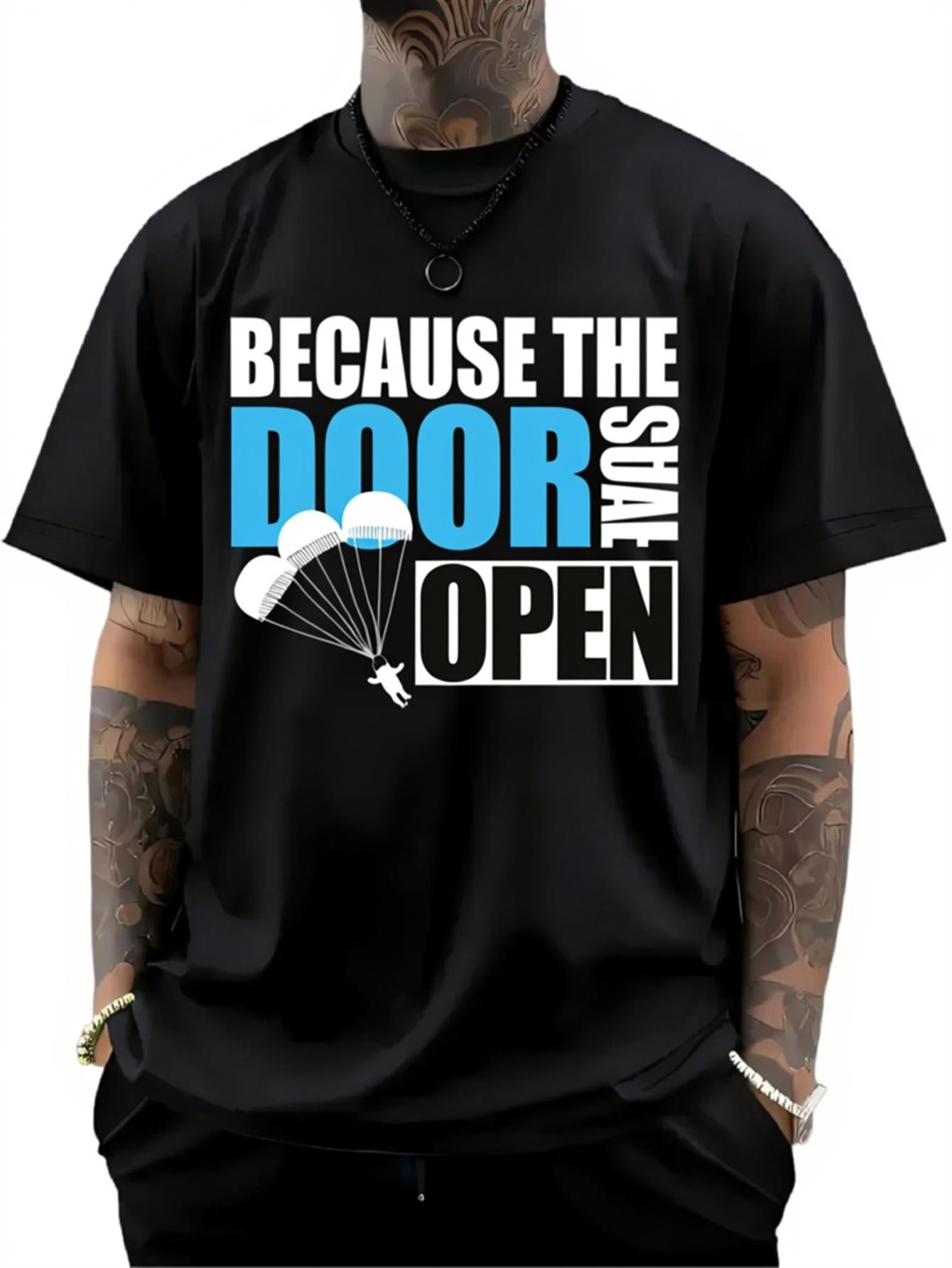Men's Graphic T-Shirt Because The Door Shall Open Parachute Floating Downward With White Blue Letters