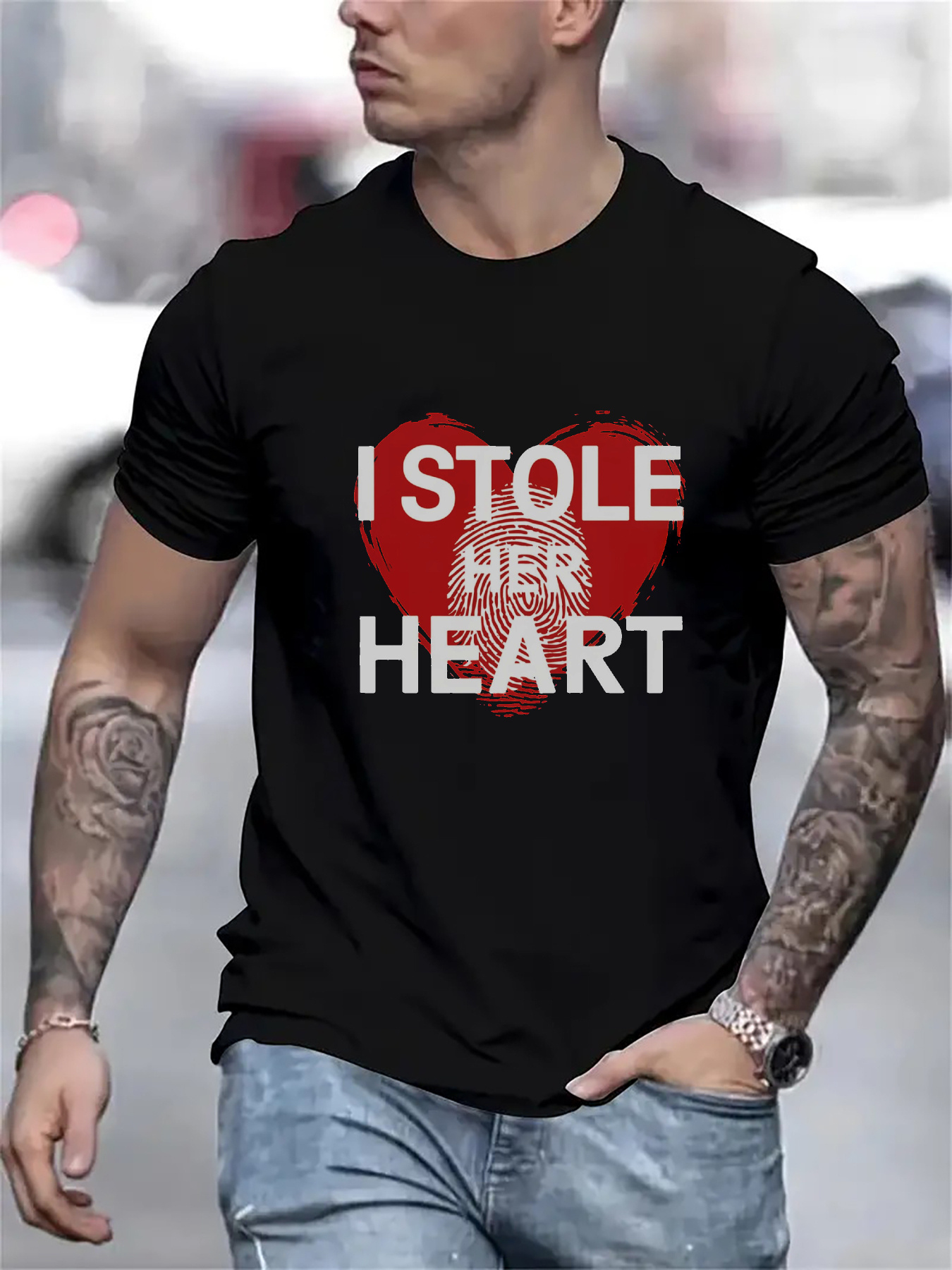Men's Graphic T-Shirt I Stole Her Heart Bold Text Over Red Painted Heart