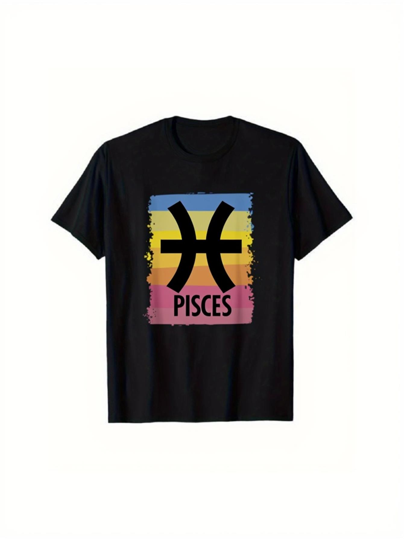 Men's Graphic T-Shirt Retro Vibrant Sunset Colors With Bold Zodiac Pisces Symbol