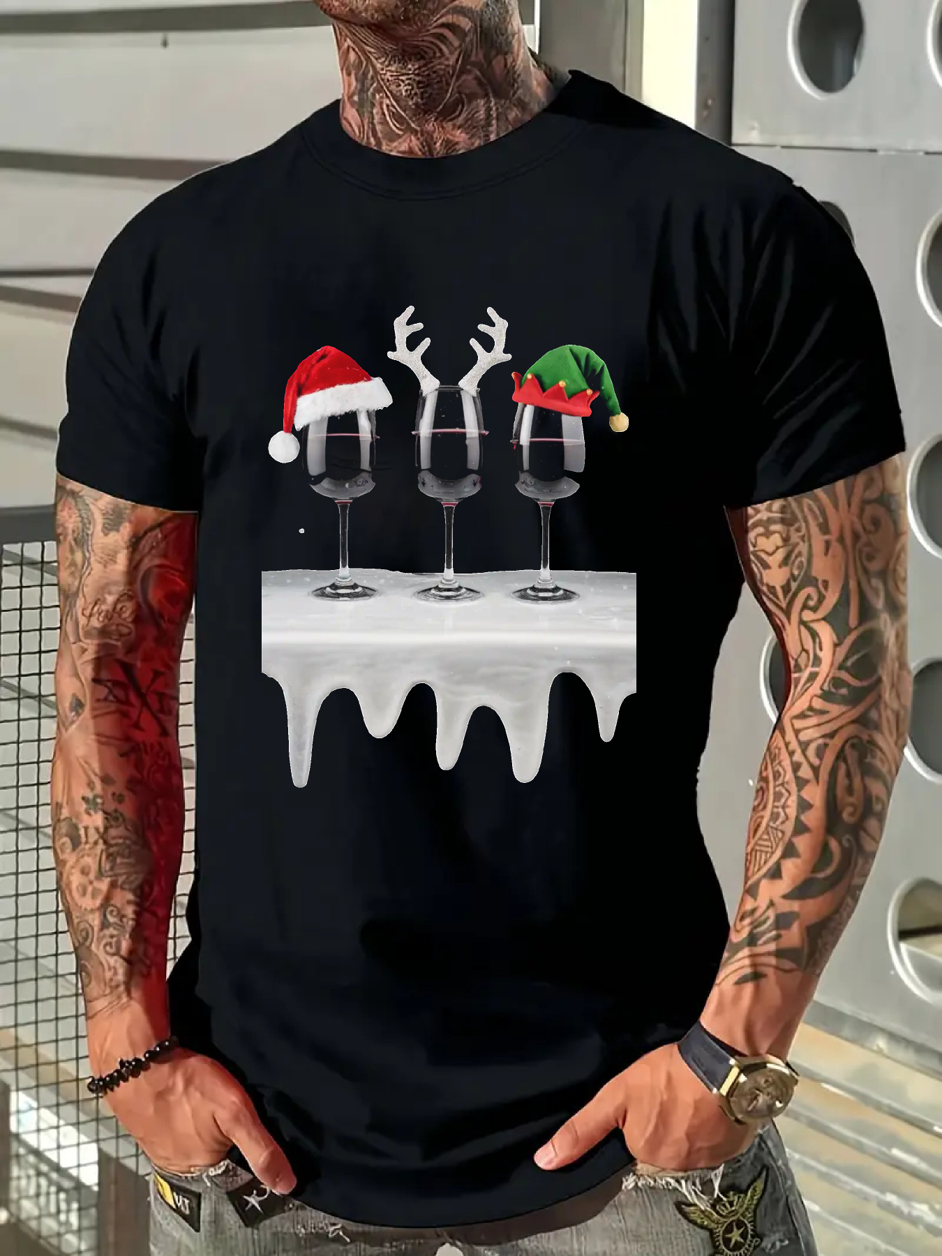 Men's Graphic T-Shirt Icy Festive Table With Wine Glasses Wearing Christmas Hats