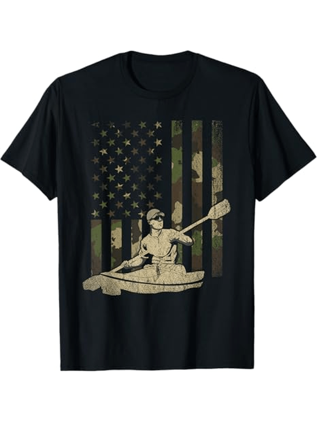 Men's Graphic T-Shirt Rustic Camouflage American Flag With Kayaker Paddling Outdoor Adventure Canoe