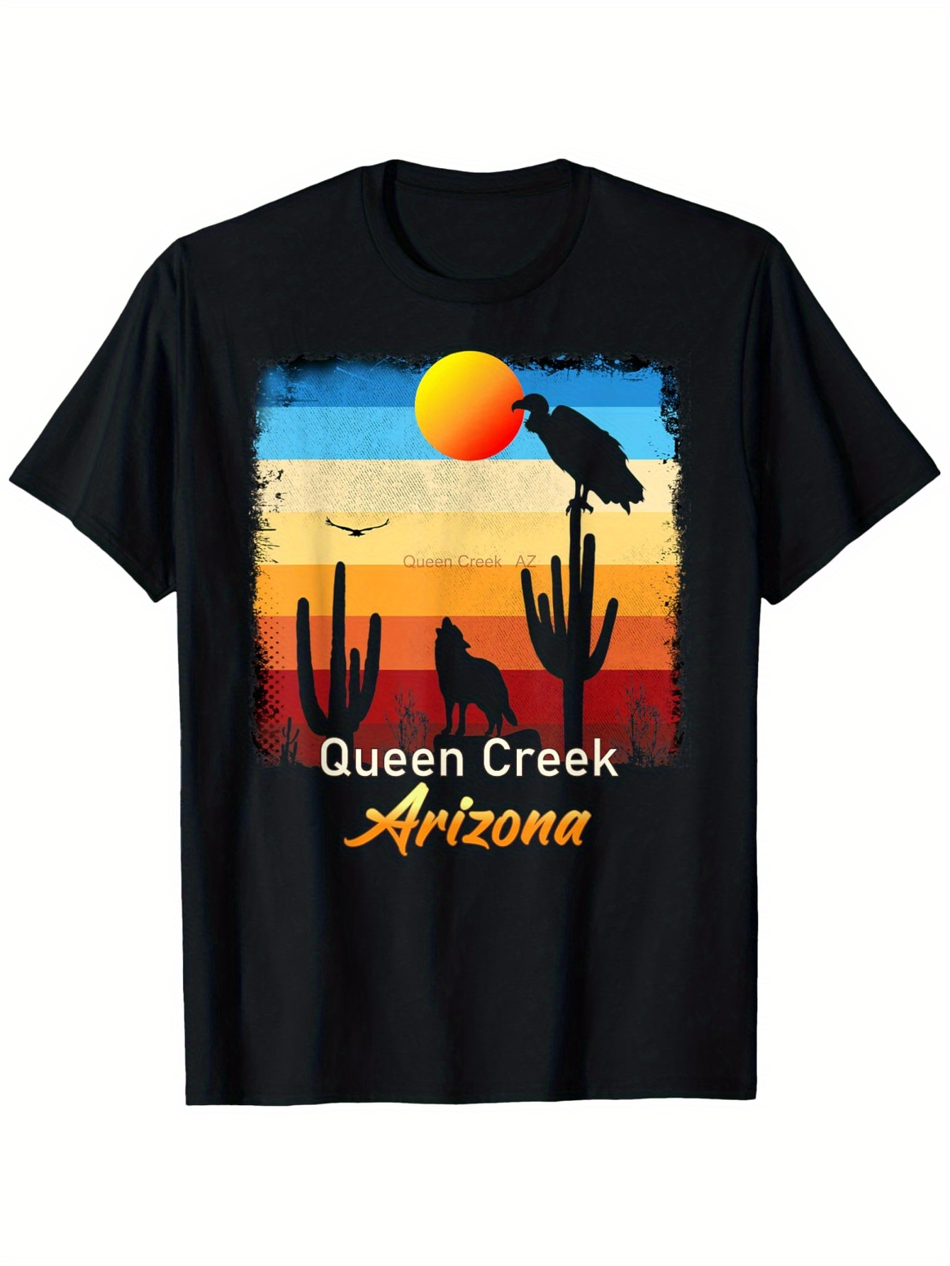 Men's Graphic T-Shirt Queen Creek Arizona Sunset Desert Scene With Silhouetted Cactus And Birds