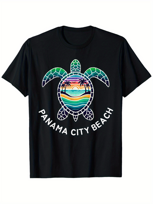 Men's Graphic T-Shirt Panama City Beach Sunset Reflection With Palms And Calm Sea Turtle