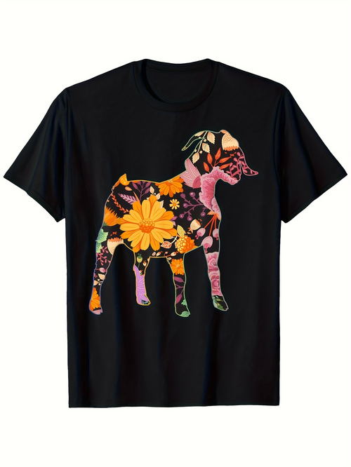 Men's Graphic T-Shirt Vivid Summer Flowers Patterned Silhouette Among Lush Colorful Abstract Dog