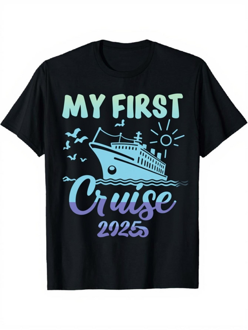 Men's Graphic T-Shirt My First Cruise Colorful Sunrise With Seagulls Waves And Majestic Ship