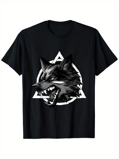 Men's Graphic T-Shirt Fierce Wild Gray Wolf Head Inside Geometric White Triangle Symbol Wolf