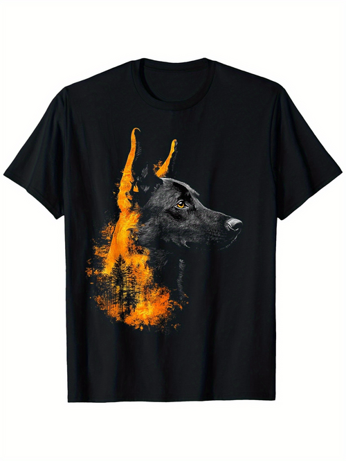 Men's Graphic T-Shirt Fiery Embers Blazing Light Surrounding Majestic Dog Silhouette