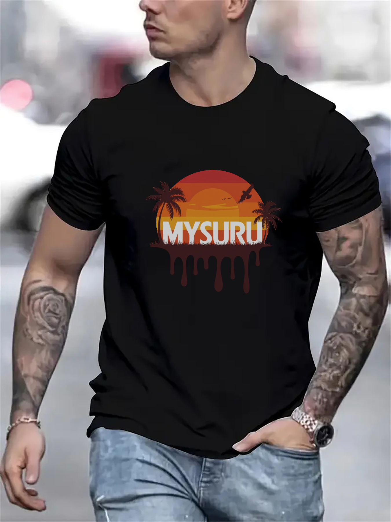 Men's Graphic T-Shirt Mysuru Sunset Gradient With Silhouetted Palm Trees And Birds Over Tropical Sky