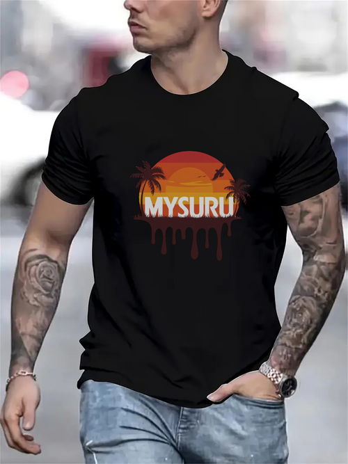Men's Graphic T-Shirt Mysuru Sunset Gradient With Silhouetted Palm Trees And Birds Over Tropical Sky