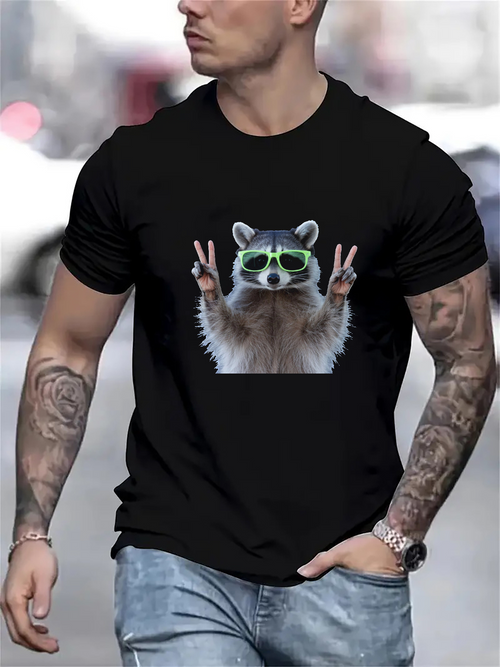 Men's Graphic T-Shirt Hipster Raccoon With Green Sunglasses Making Peace Signs
