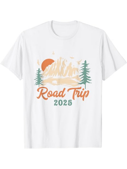 Men's Graphic T-Shirt Road Trip 2025 Scenic Mountain Pines With Setting Orange Sun