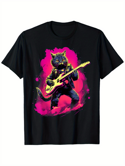 Men's Graphic T-Shirt Electric Pink Glow Surrounding Cool Wolf With Guitar