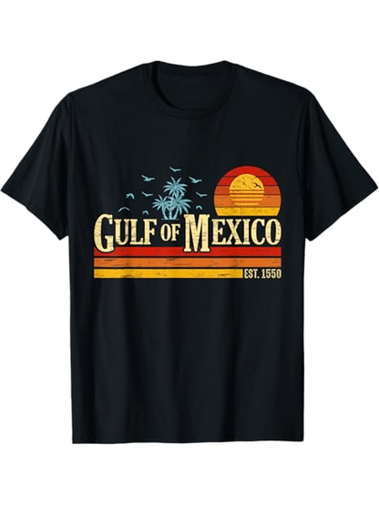 Men's Graphic T-Shirt Gulf Of Mexico Retro Sunset With Palm Trees And Birds Over Ocean