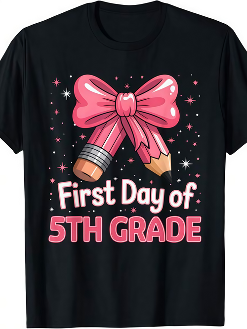 Men's Graphic T-Shirt First Day Of 5th Grade Pink Bow Sparkling Pencils And Glitter Accents