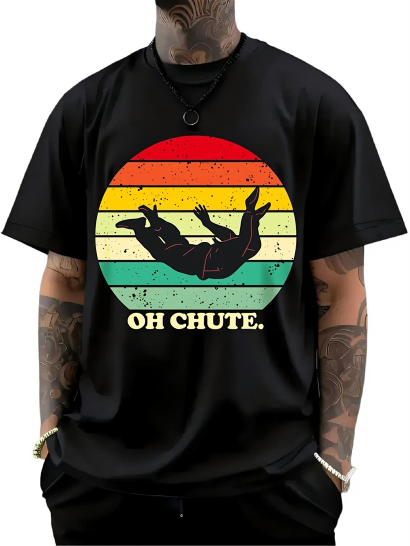 Men's Graphic T-Shirt Oh Chute Retro Stripes And Silhouette With Falling Parachutist