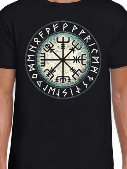 Men's Graphic T-Shirt Ancient Nordic Symbols With Mystic Runes Encircling Central Compass Pattern
