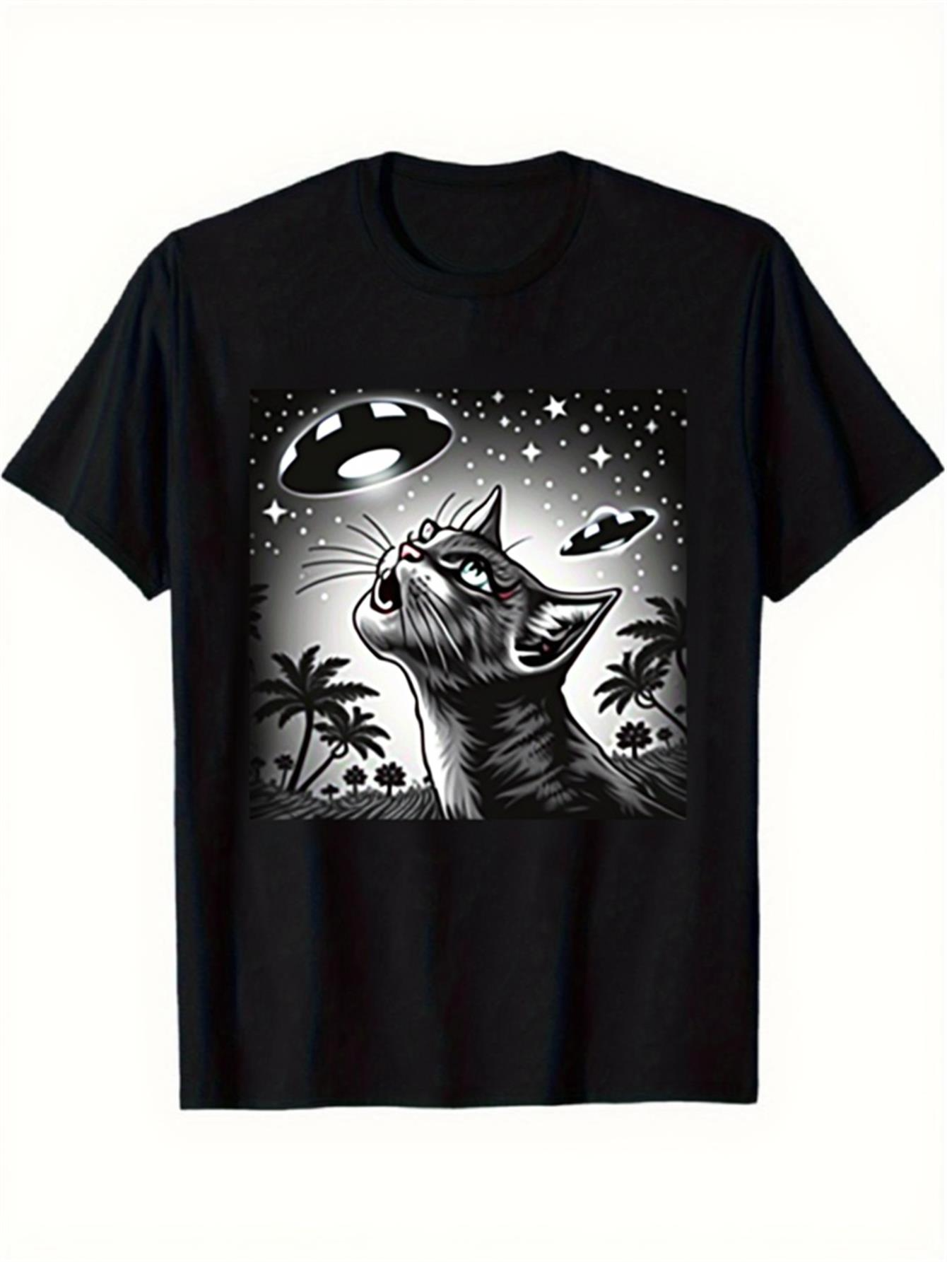 Men's Graphic T-Shirt Starry Sky With UFOs And Curious Cat Under Palm Trees Cat
