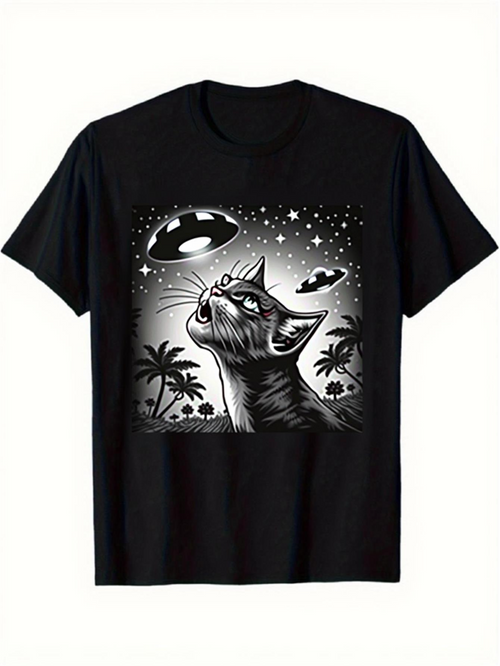 Men's Graphic T-Shirt Starry Sky With UFOs And Curious Cat Under Palm Trees Cat