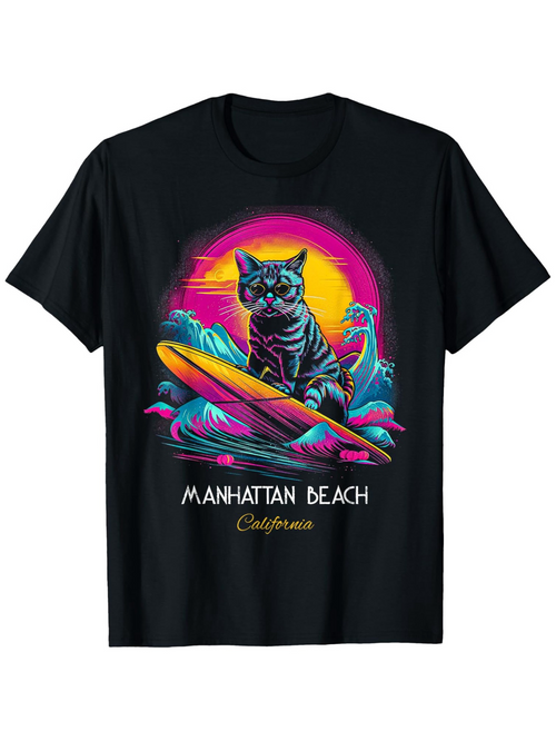 Men's Graphic T-Shirt Manhattan Beach California Retro Sunset With Surfing Cat And Vibrant Ocean Waves