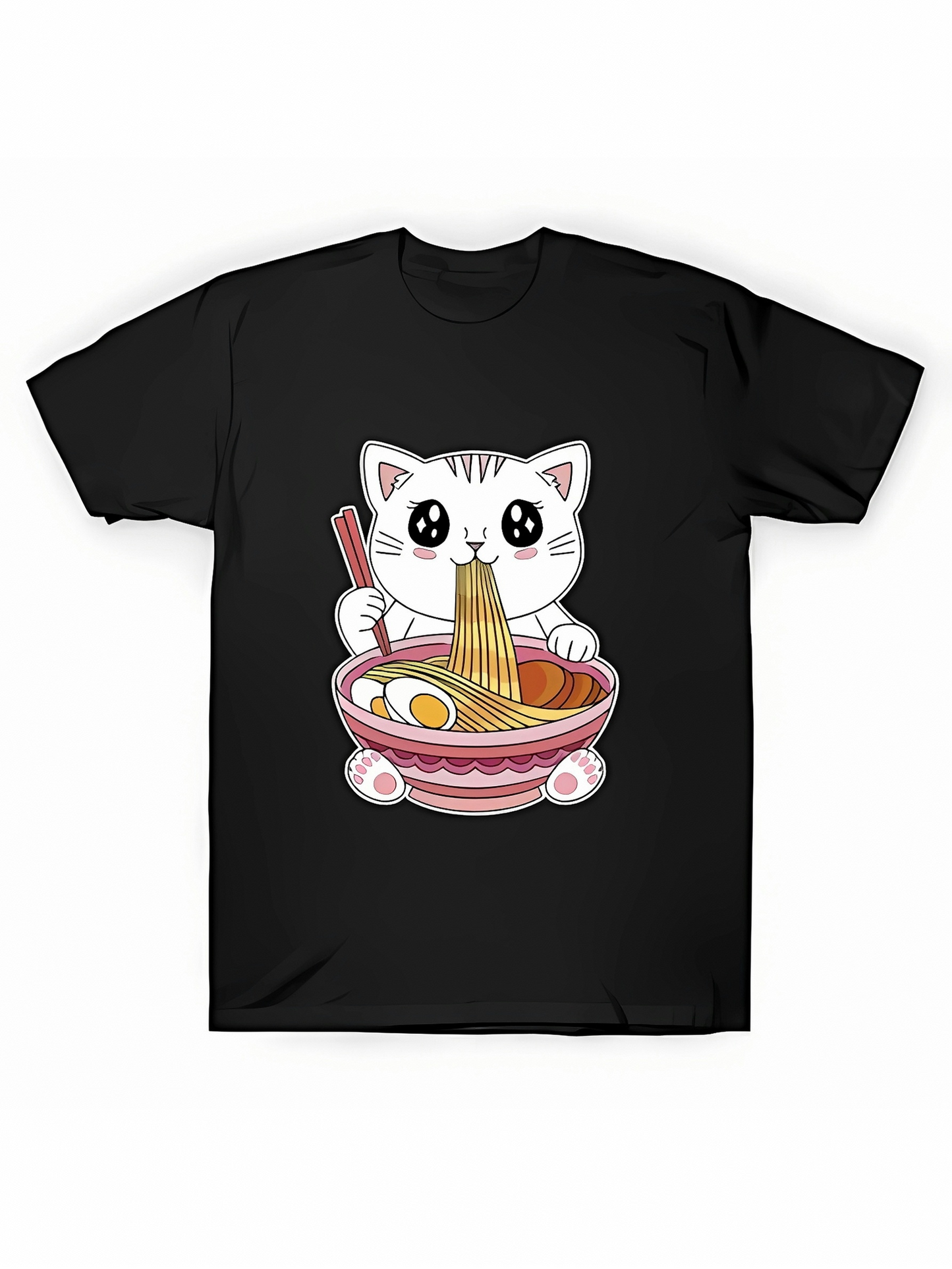Men's Graphic T-Shirt Adorable White Cat Enjoying Hot Ramen In Colorful Ceramic Bowl Noodles