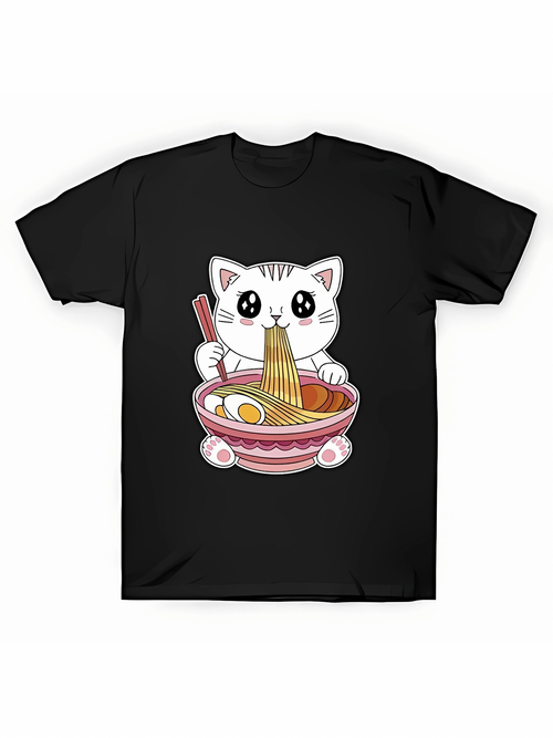 Men's Graphic T-Shirt Adorable White Cat Enjoying Hot Ramen In Colorful Ceramic Bowl Noodles