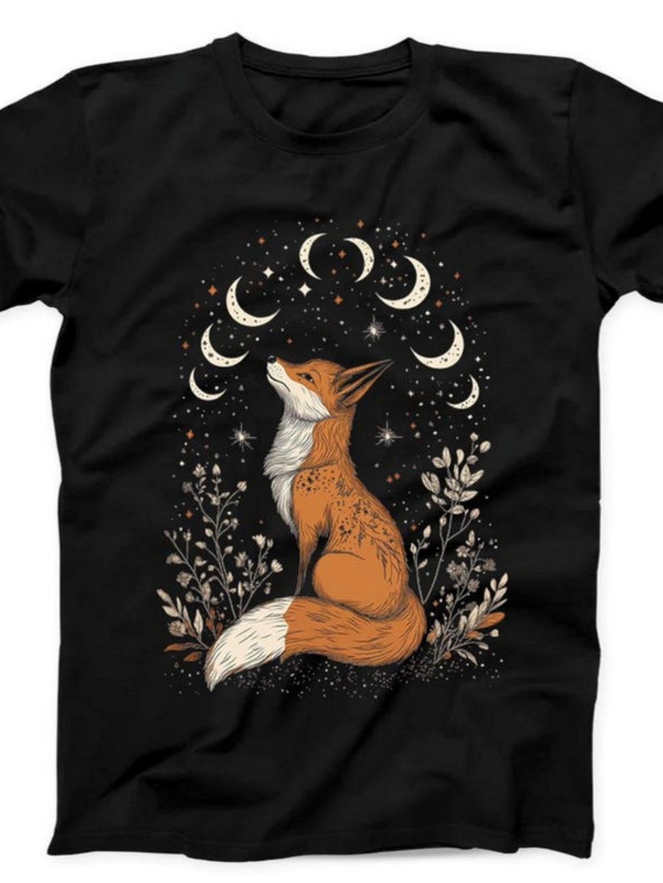 Men's Graphic T-Shirt Rustic Night Sky With Crescent Moons And Whimsical Flowers Fox