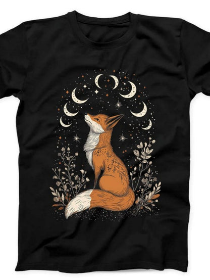 Men's Graphic T-Shirt Rustic Night Sky With Crescent Moons And Whimsical Flowers Fox