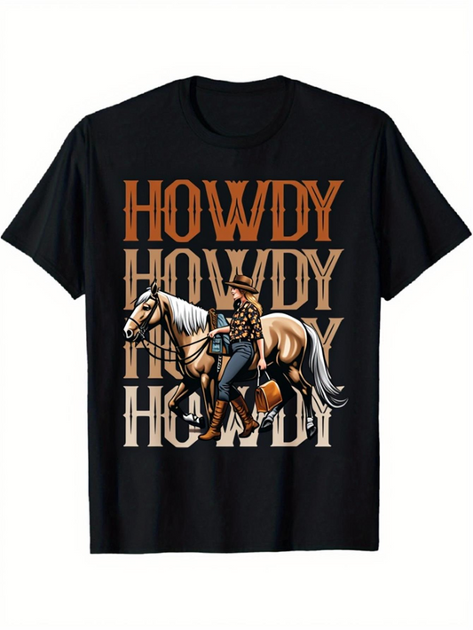Men's Graphic T-Shirt Howdy Retro Lettering With Cowboy Leading Palomino Horse