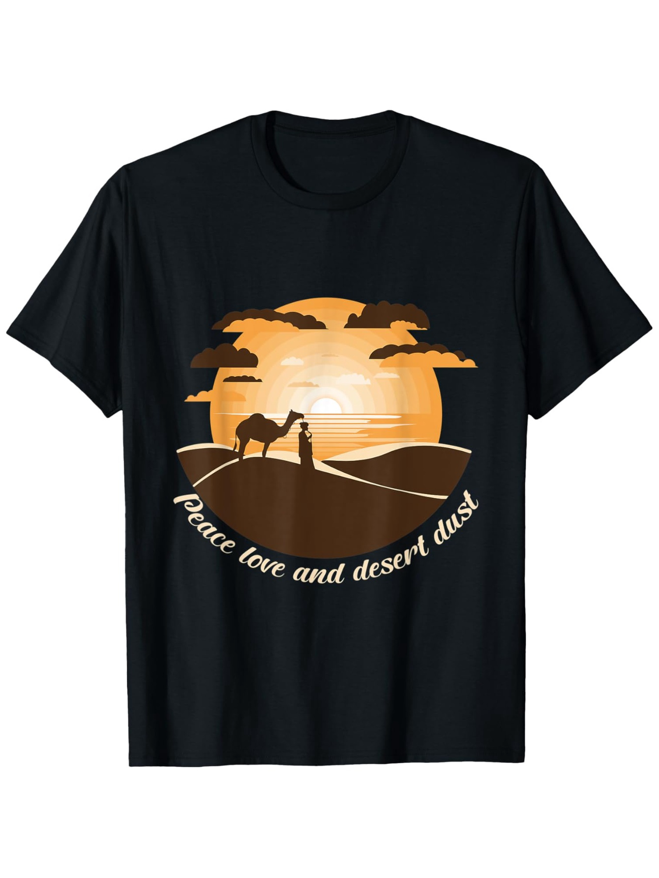 Men's Graphic T-Shirt Peace Love And Glowing Sunset Silhouettes With Desert Camel Scene